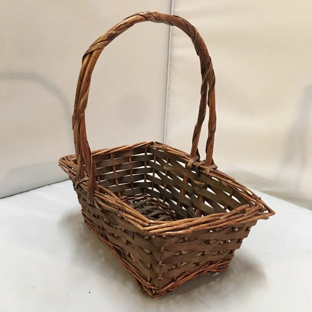 Woven Wicker Basket Unisex Small Brown Rustic Rectangular Handle Cottagecore